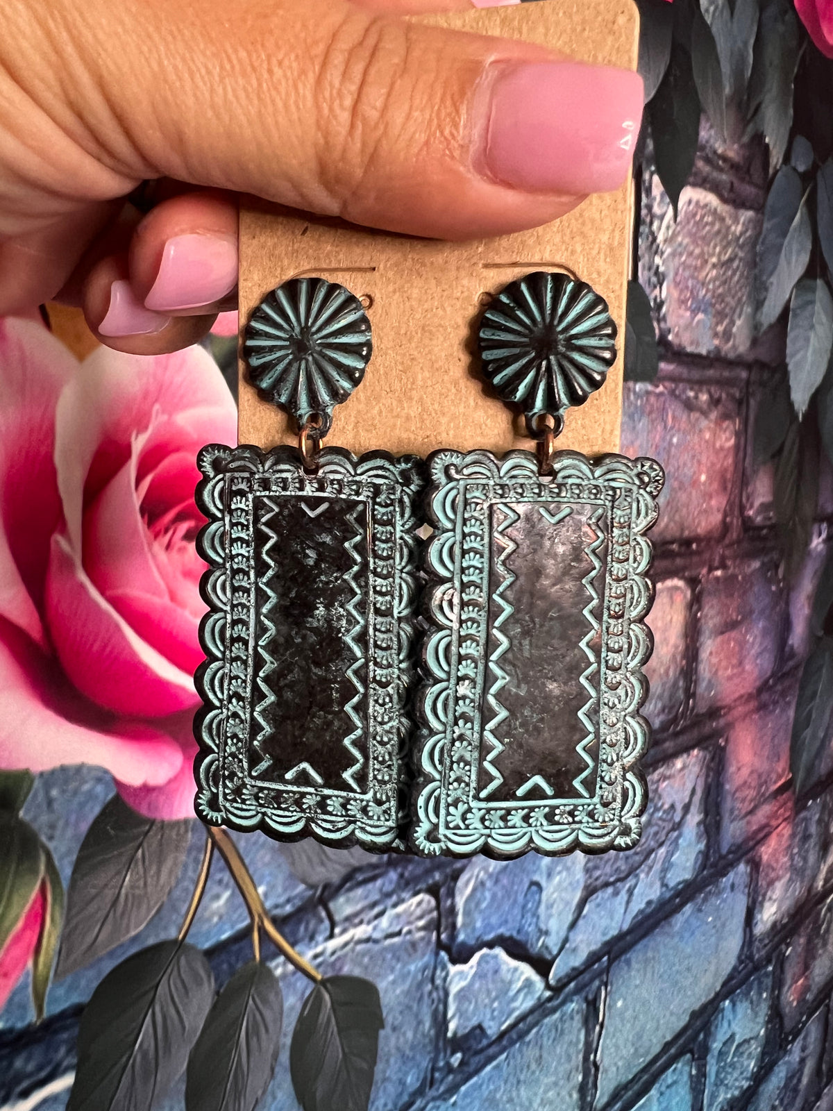 Earrings - bronze green rectangle earrings