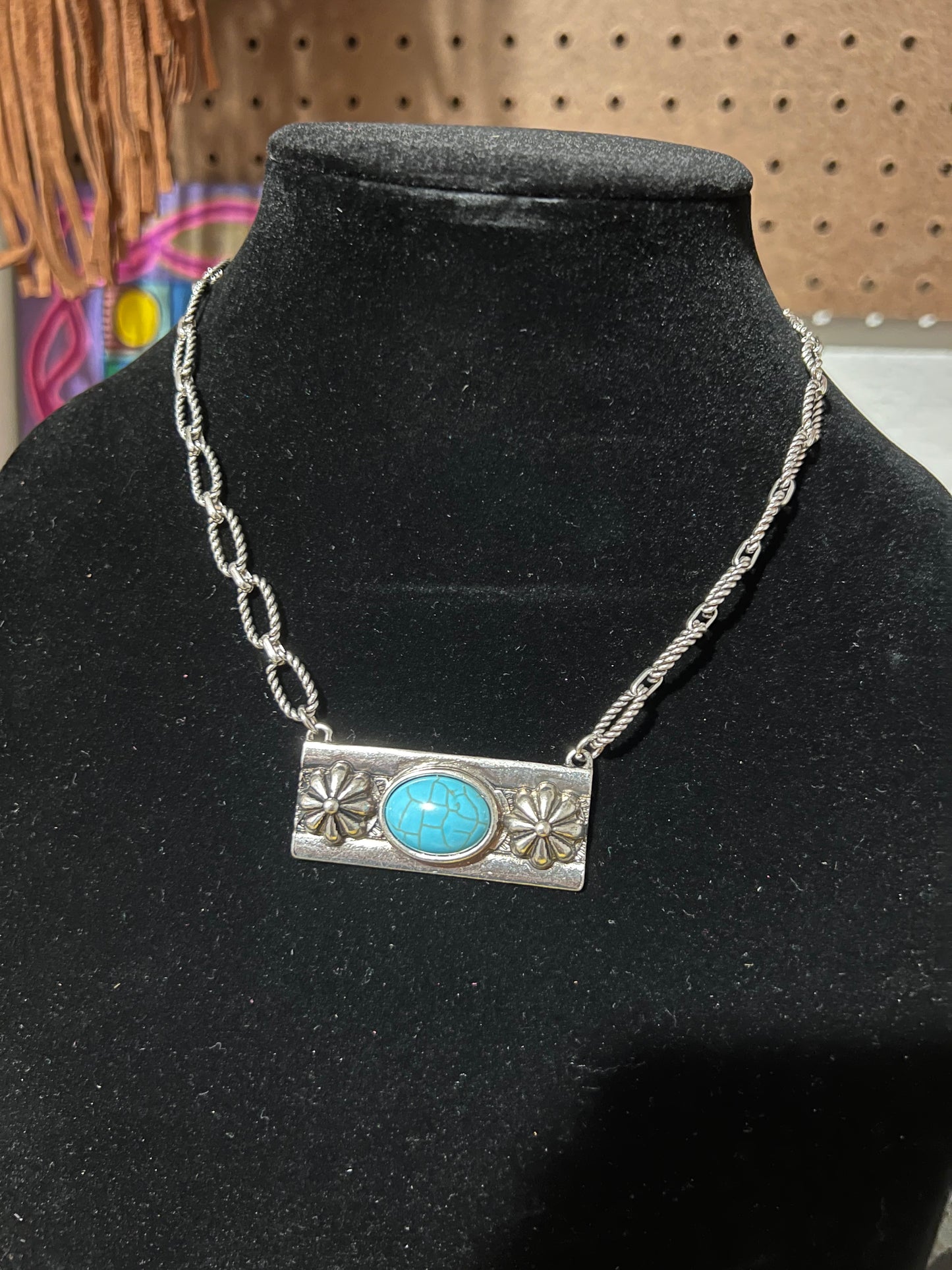 Double Flower silver plate w/turq stone necklace