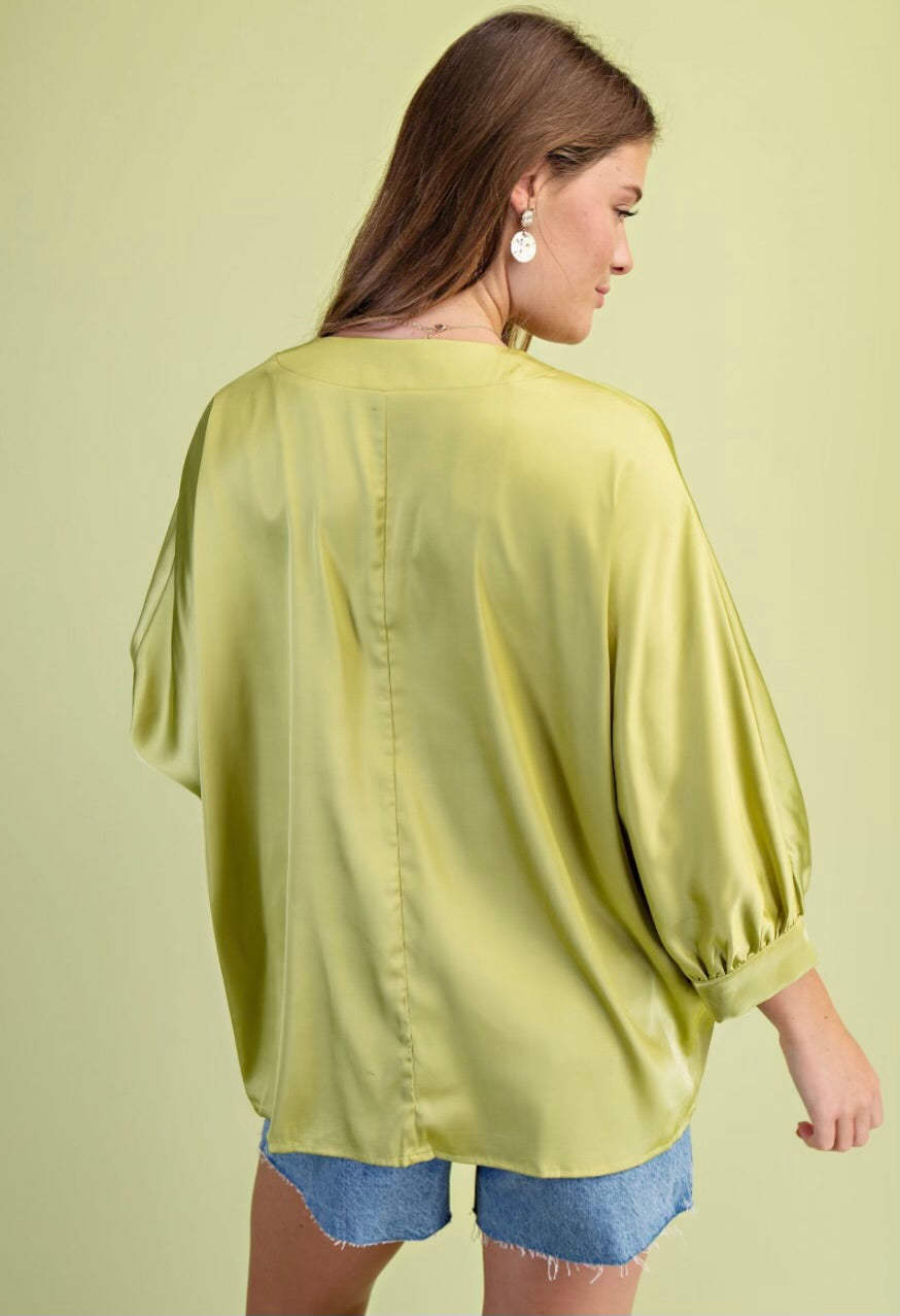 Satin V-Neck Loose Fit Blouse•95% Polyester, 5% Spandex