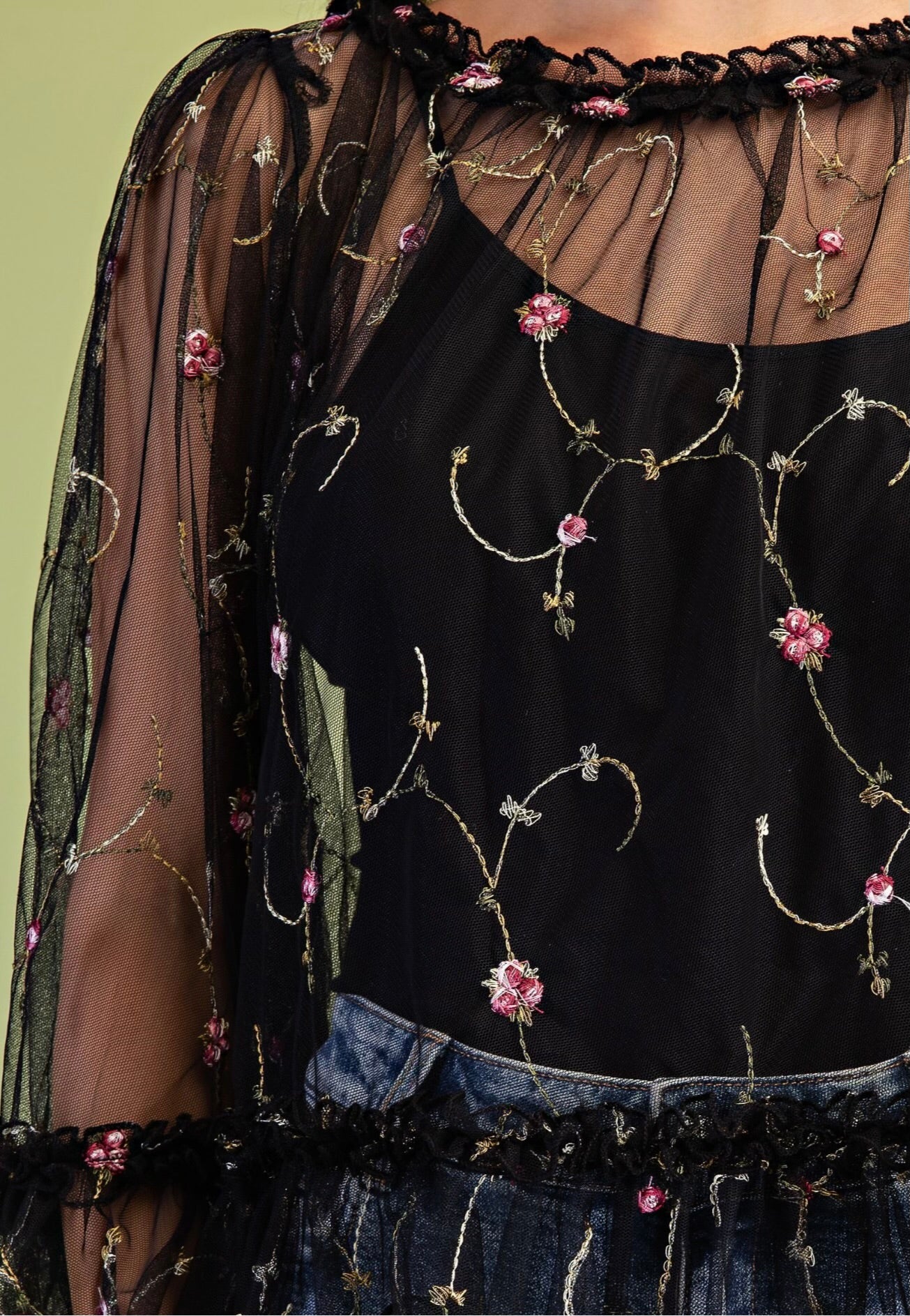Floral Embroidered Tulle Top with wide Sleeves and Ruffle Details•100% Polyester