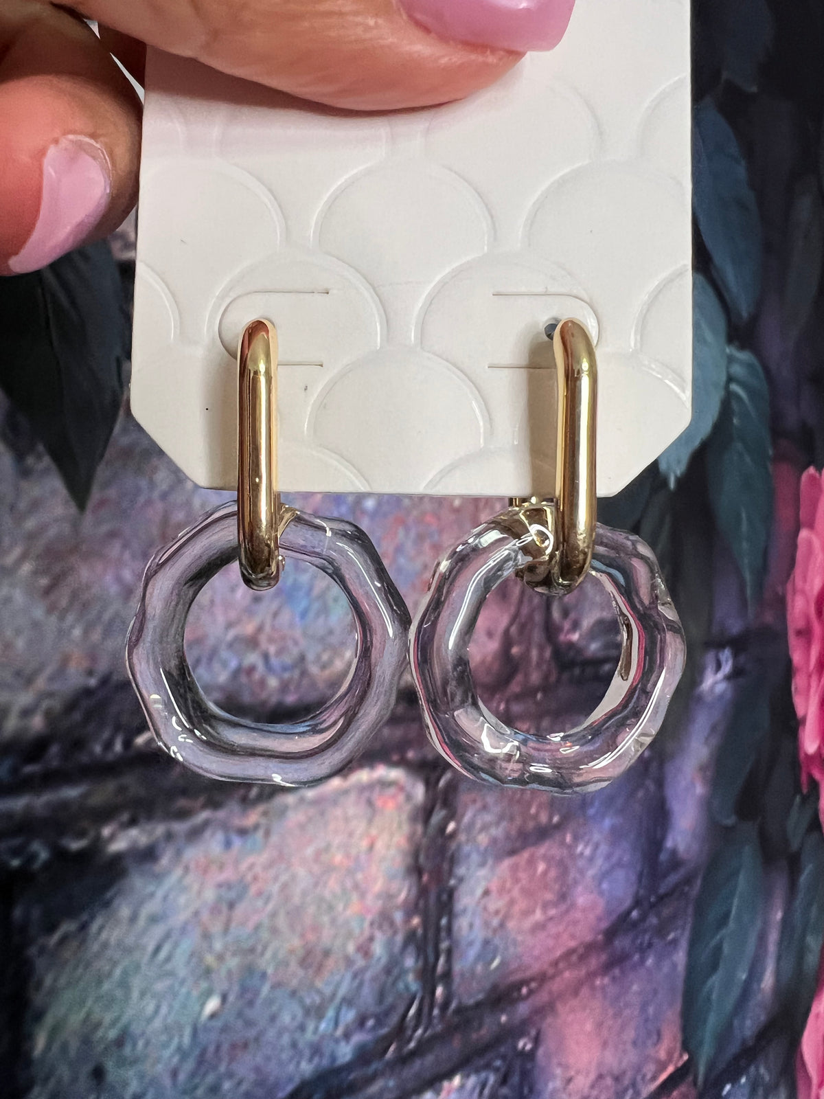 Earrings - gold w/clear glass ring