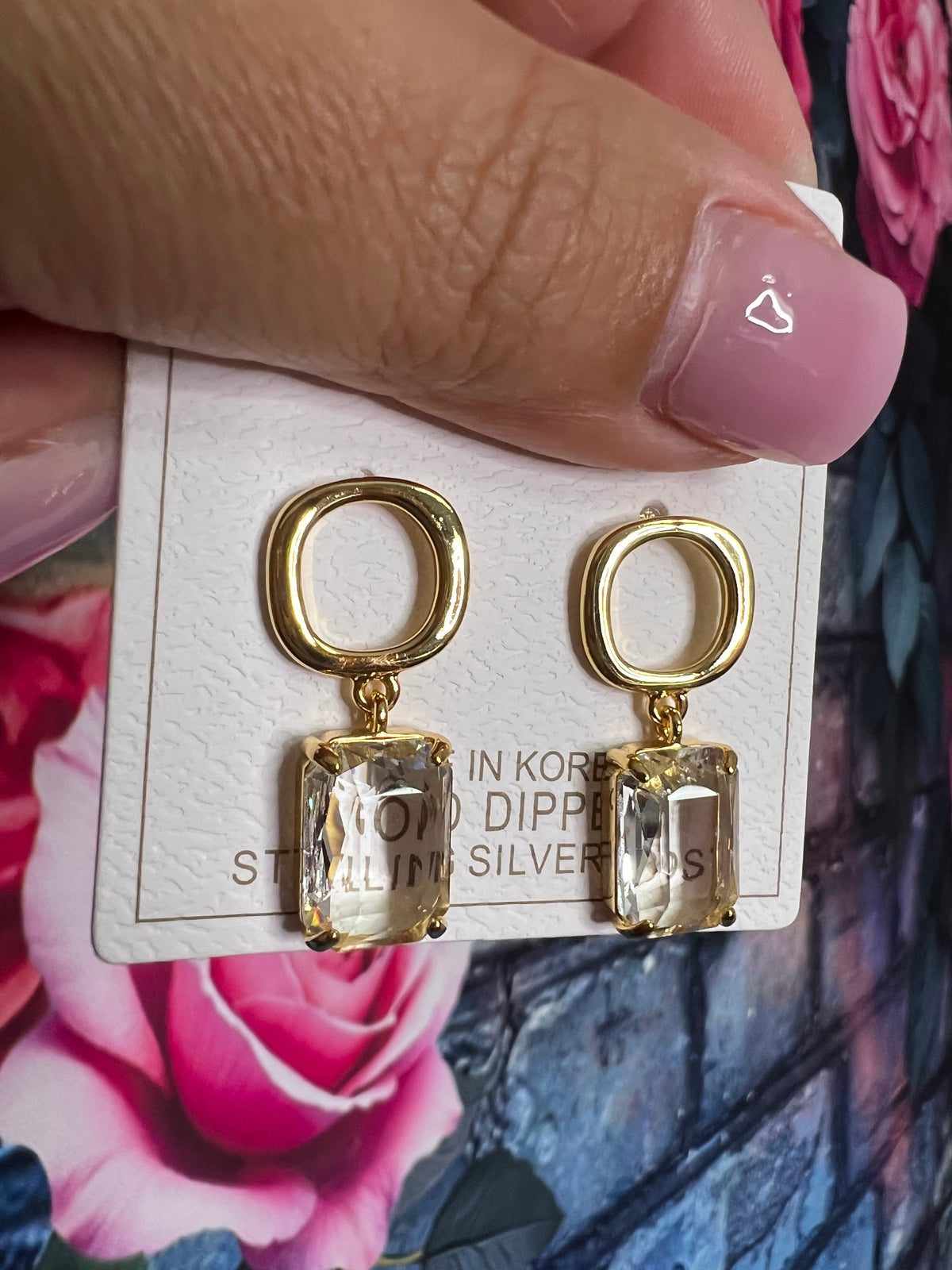 Earrings - Rectangular glass diamond like earrings (gold dipped sterling silver post)