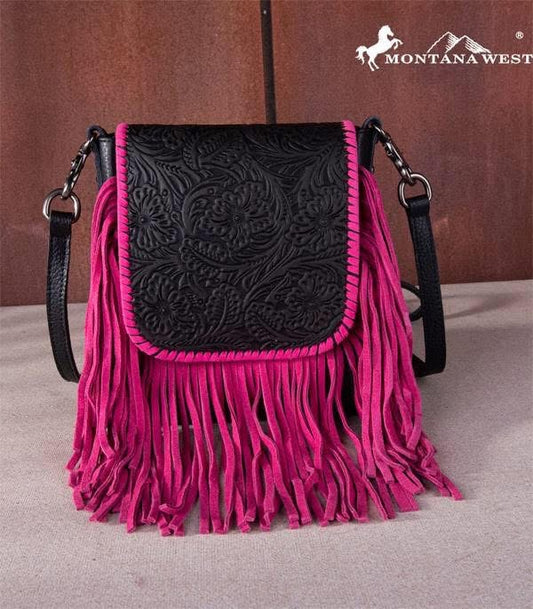 MW STUNNING PINK TOOLED FRINGE CROSSBODY BAG