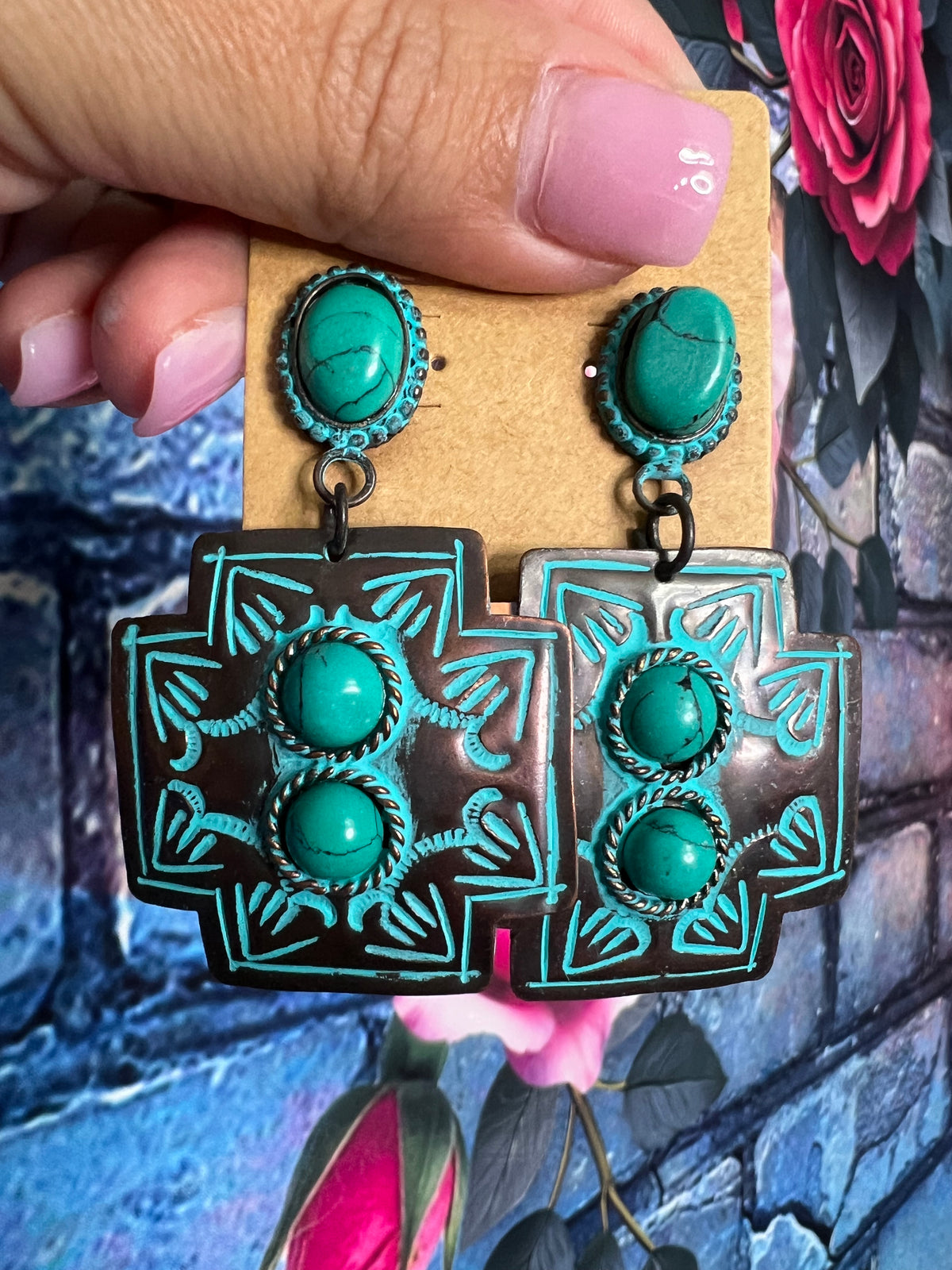 Earrings - Cross Bronze w/ turquoise stones