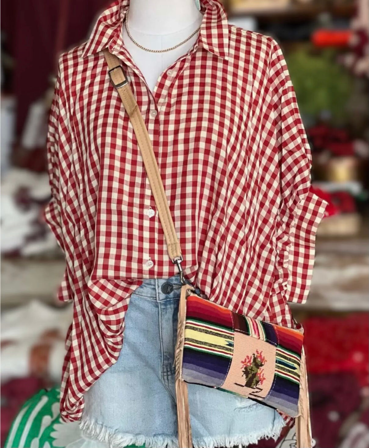 Blouse - red and white checkered trendy button up (runs big)