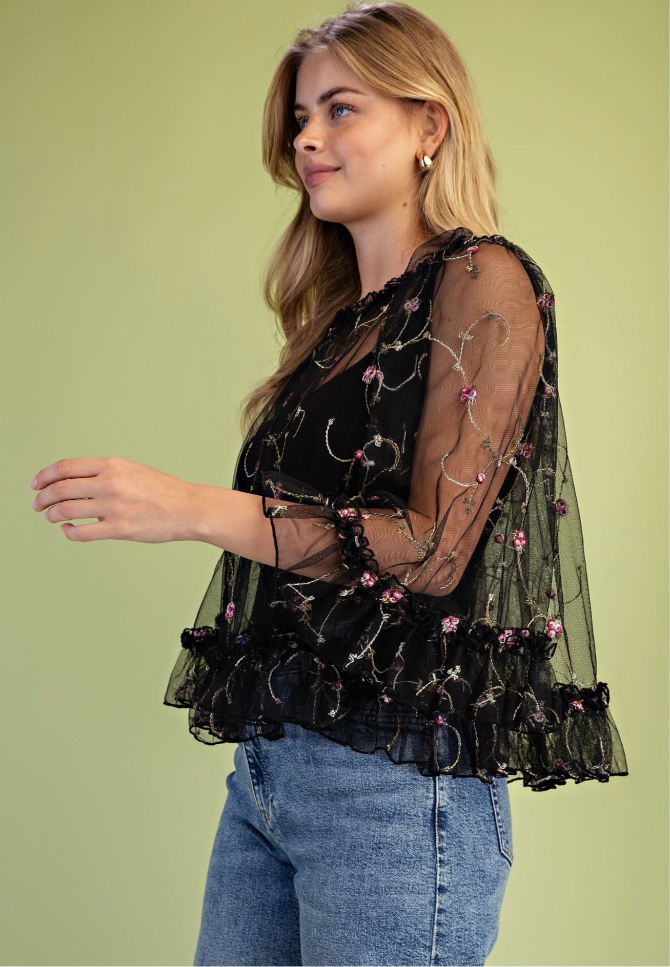 Floral Embroidered Tulle Top with wide Sleeves and Ruffle Details•100% Polyester