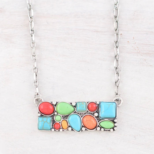 Western Multicolor Stone Bar Pendant Necklace