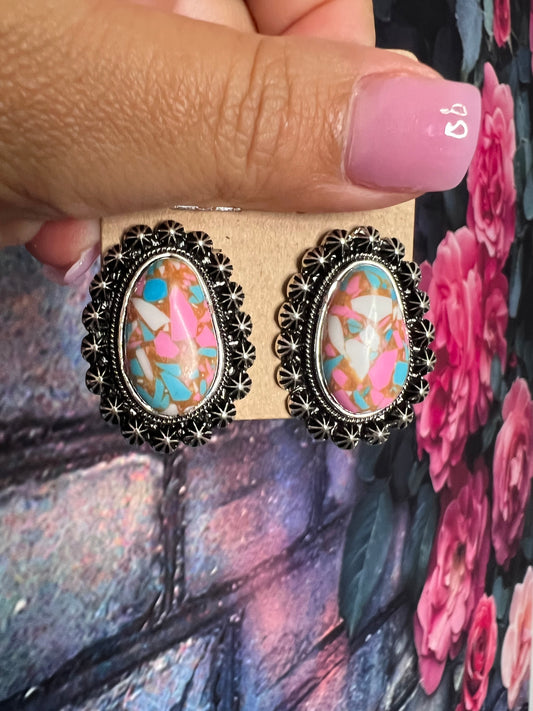 Earrings - egg shaped multicolor stone earrings