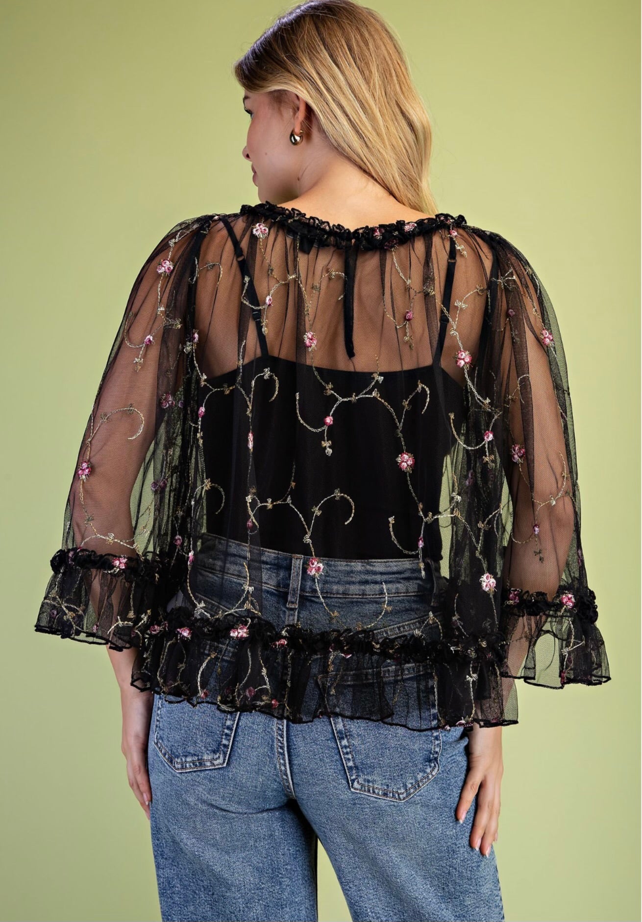 Floral Embroidered Tulle Top with wide Sleeves and Ruffle Details•100% Polyester