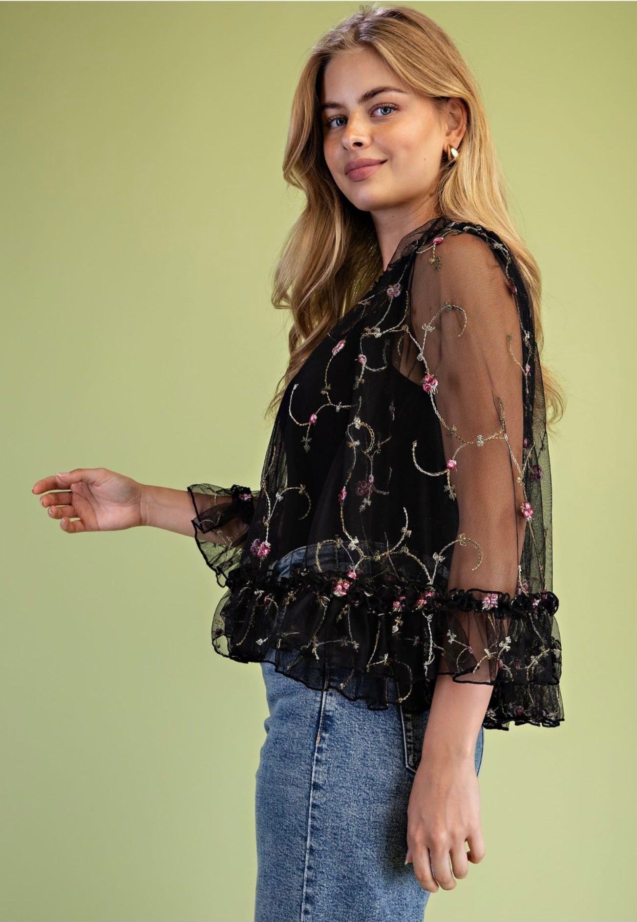 Floral Embroidered Tulle Top with wide Sleeves and Ruffle Details•100% Polyester