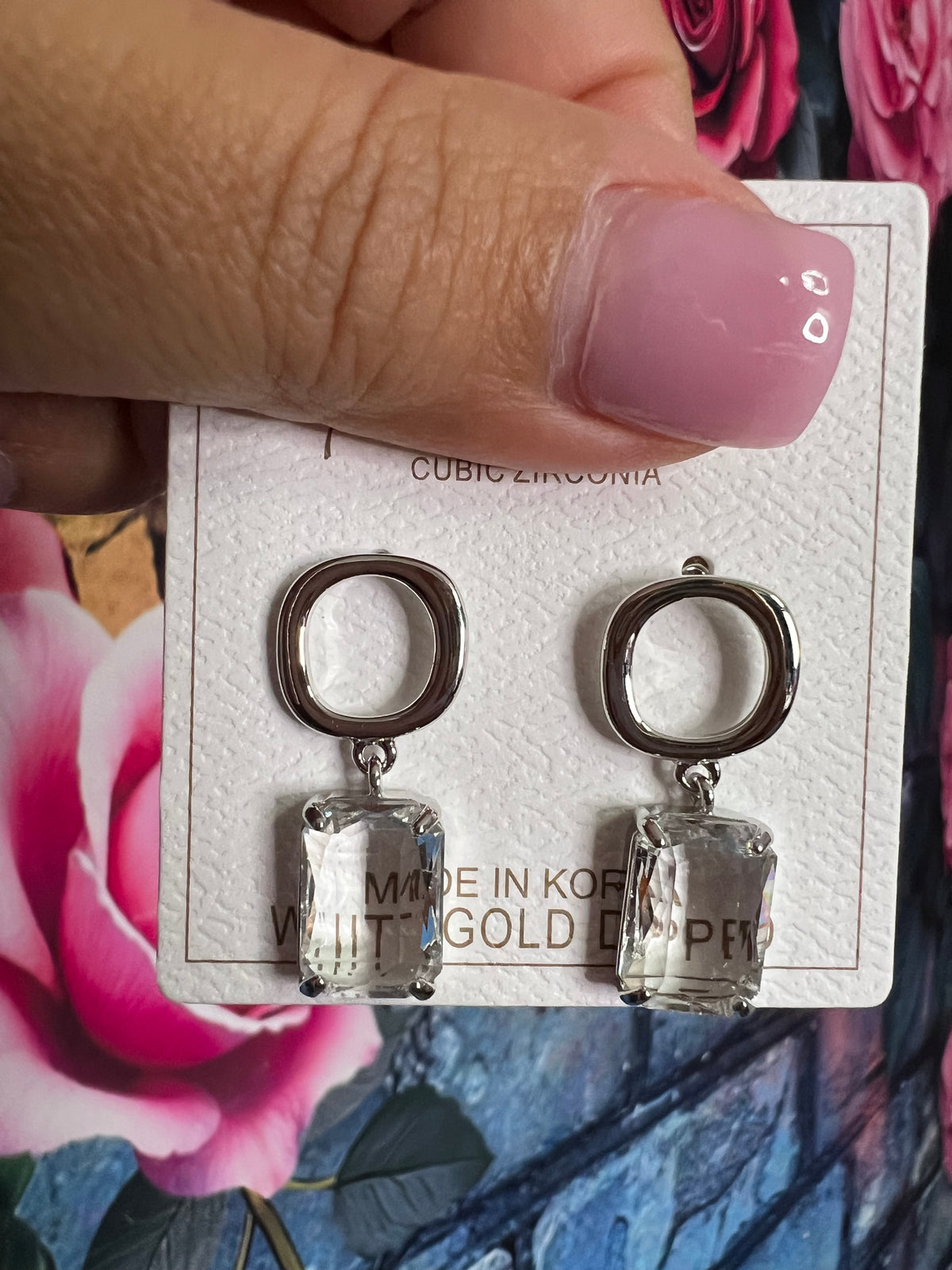 Earrings - Rectangular glass diamond like earrings (gold dipped sterling silver post)