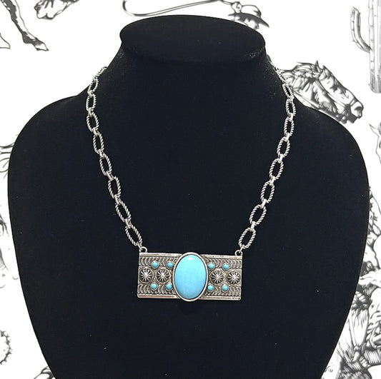 Western Trendy Turquoise Bar Necklace • Approx Size: 16" (Pendant size: 2.25" x 1")