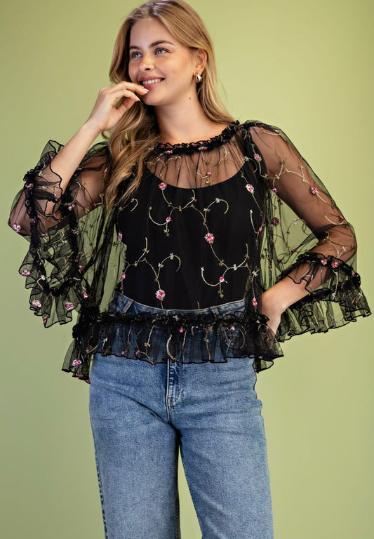 Floral Embroidered Tulle Top with wide Sleeves and Ruffle Details•100% Polyester