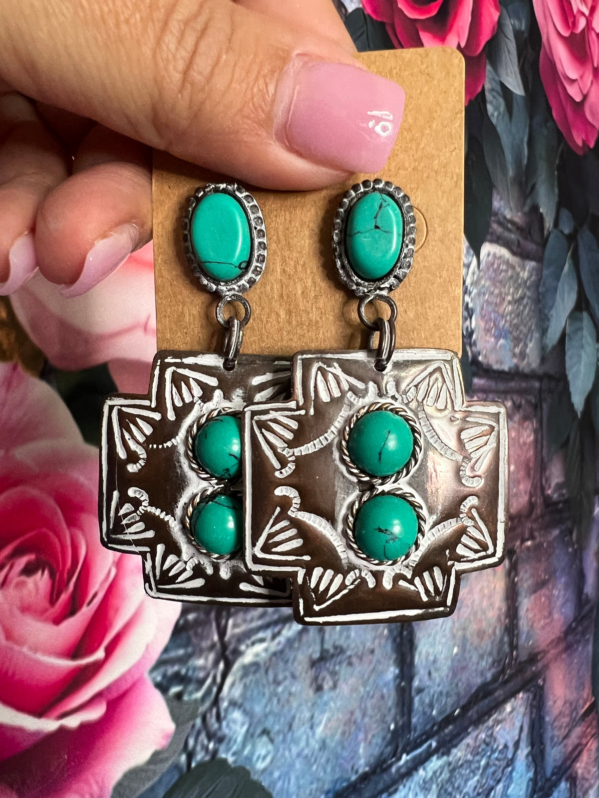 Earrings - Cross Bronze w/ turquoise stones
