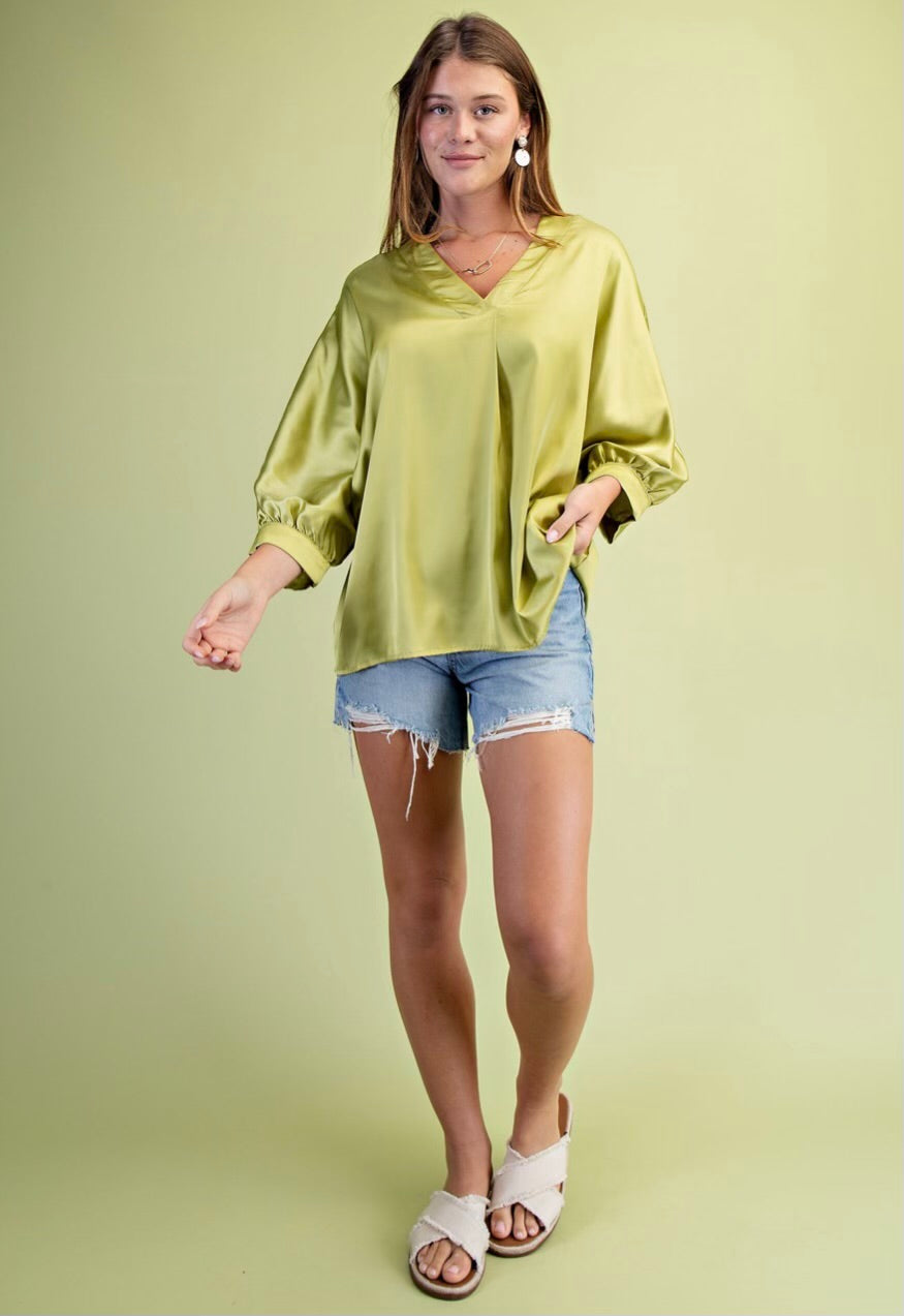 Satin V-Neck Loose Fit Blouse•95% Polyester, 5% Spandex