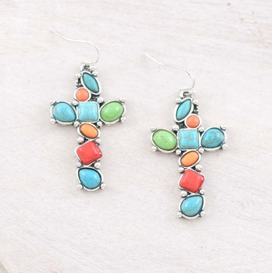 Western Multicolor Cross Stone Earrings