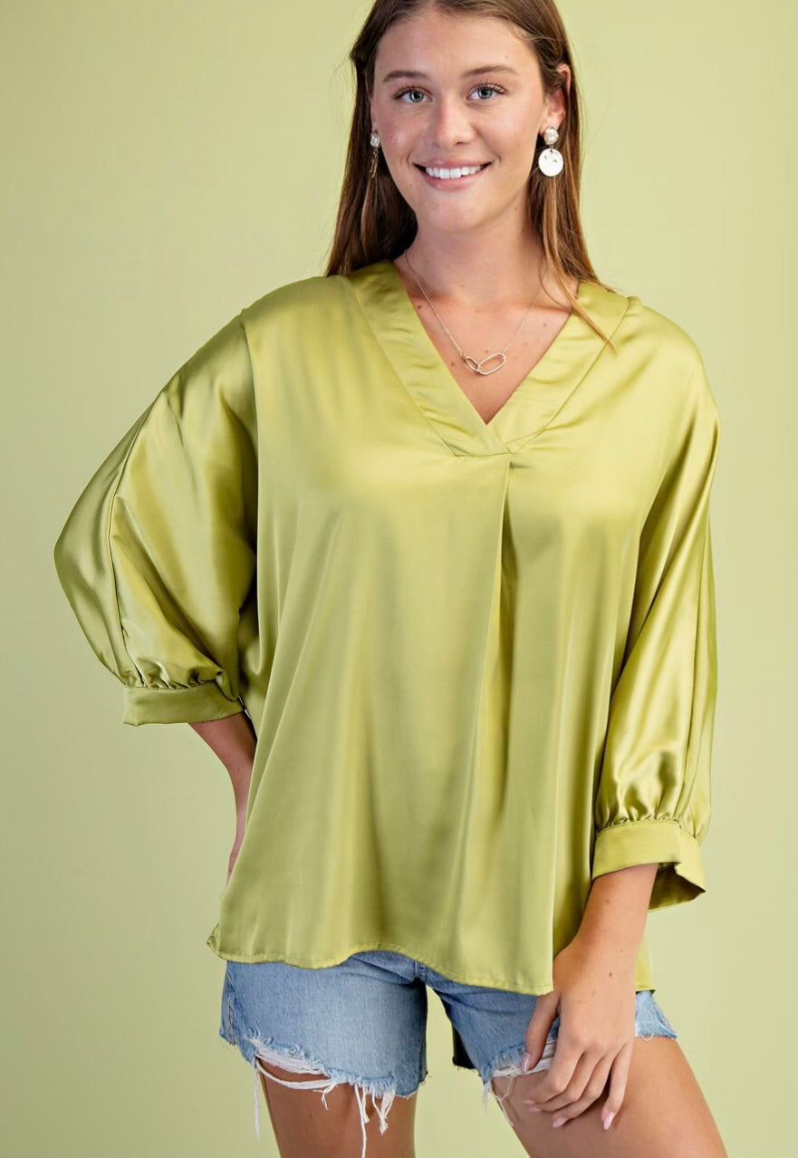 Satin V-Neck Loose Fit Blouse•95% Polyester, 5% Spandex