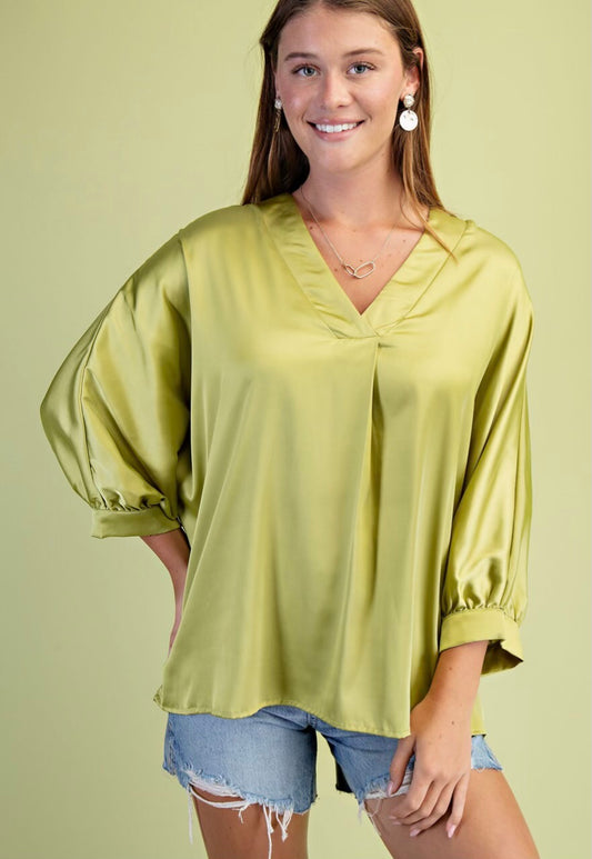 Satin V-Neck Loose Fit Blouse•95% Polyester, 5% Spandex