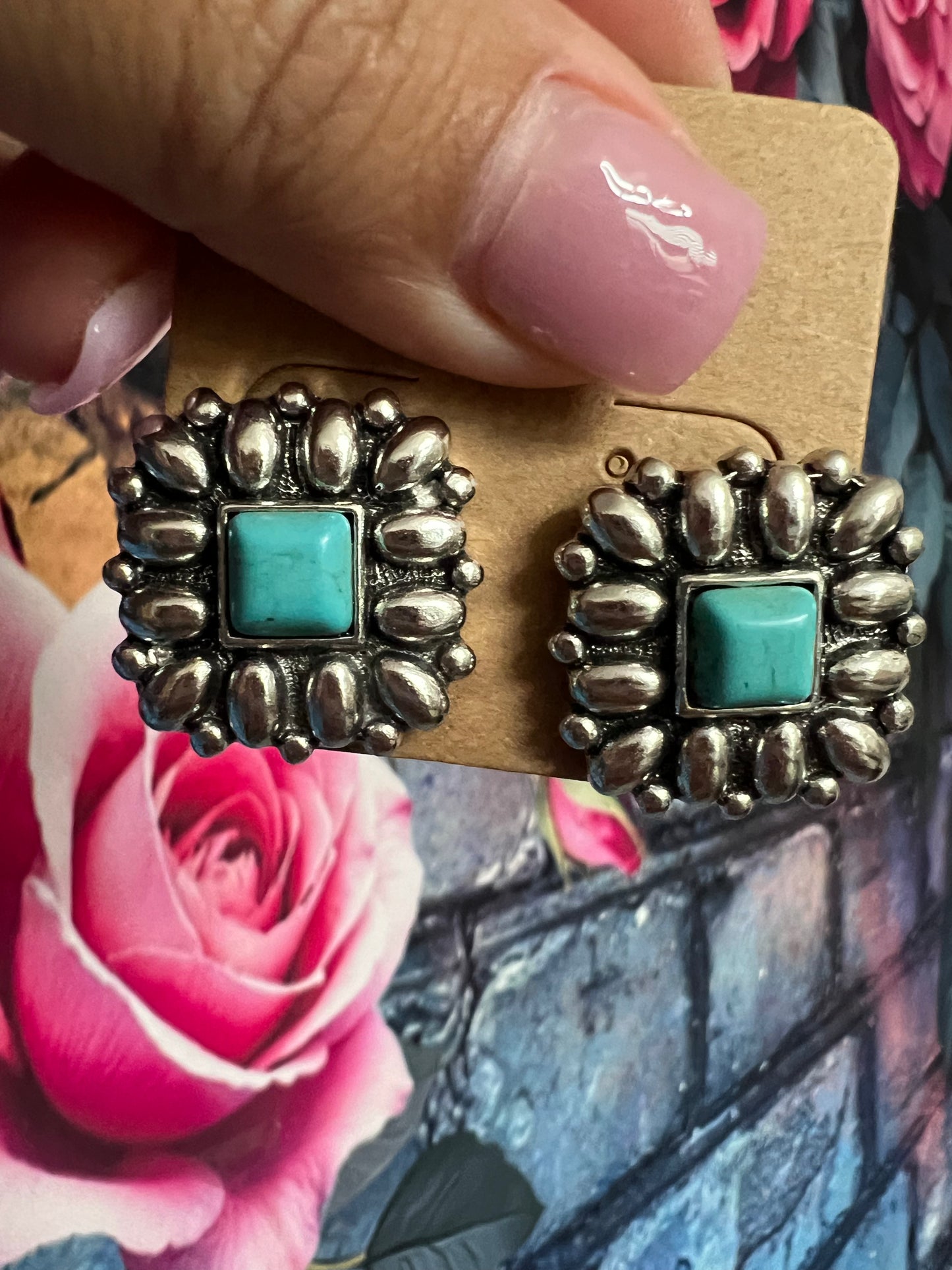 Earrings - silver square flower with turquoise stone
