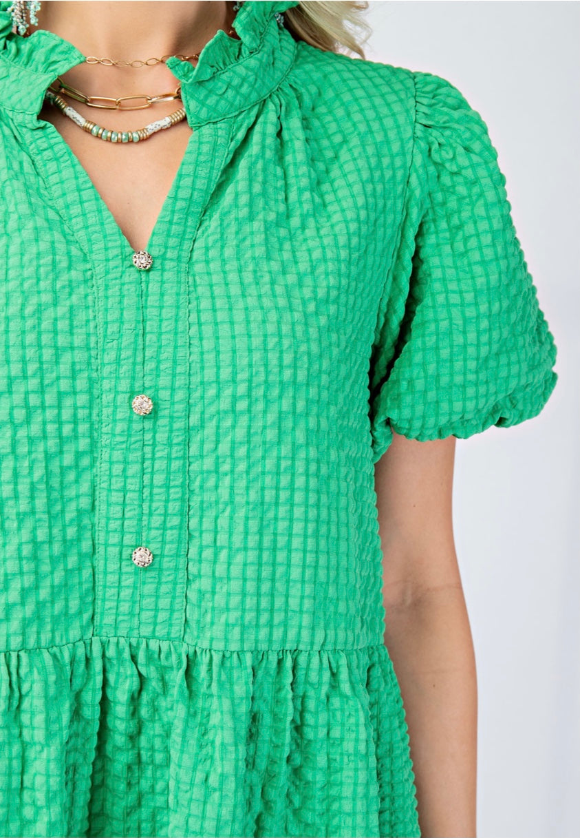 Seersucker Puff Sleeve Mini Dress with a Ruffled Collar and Decorative Buttons • 100% Polyester