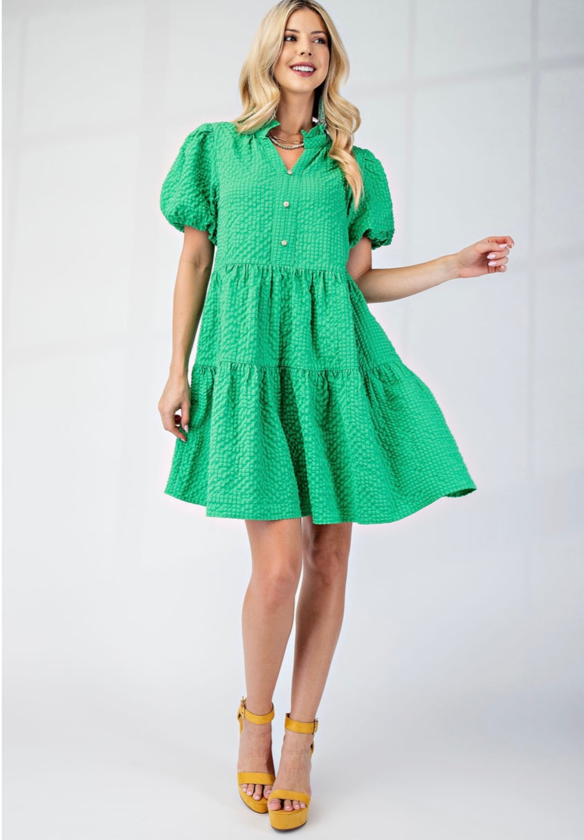 Seersucker Puff Sleeve Mini Dress with a Ruffled Collar and Decorative Buttons • 100% Polyester