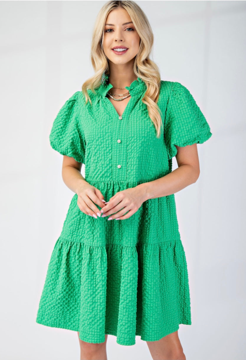 Seersucker Puff Sleeve Mini Dress with a Ruffled Collar and Decorative Buttons • 100% Polyester