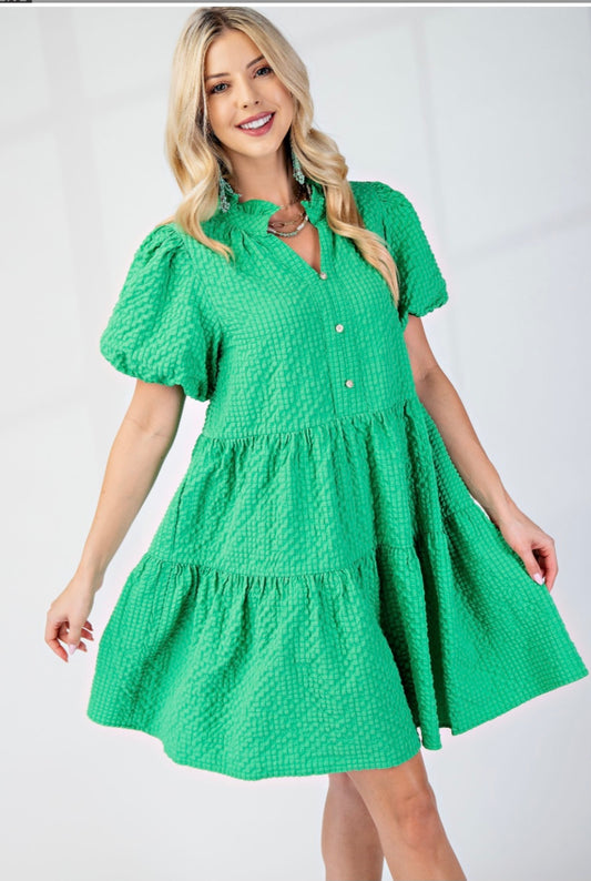 Seersucker Puff Sleeve Mini Dress with a Ruffled Collar and Decorative Buttons • 100% Polyester