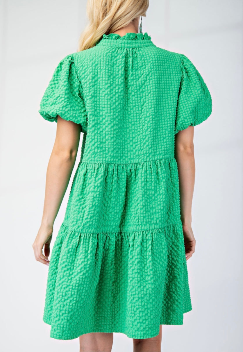 Seersucker Puff Sleeve Mini Dress with a Ruffled Collar and Decorative Buttons • 100% Polyester