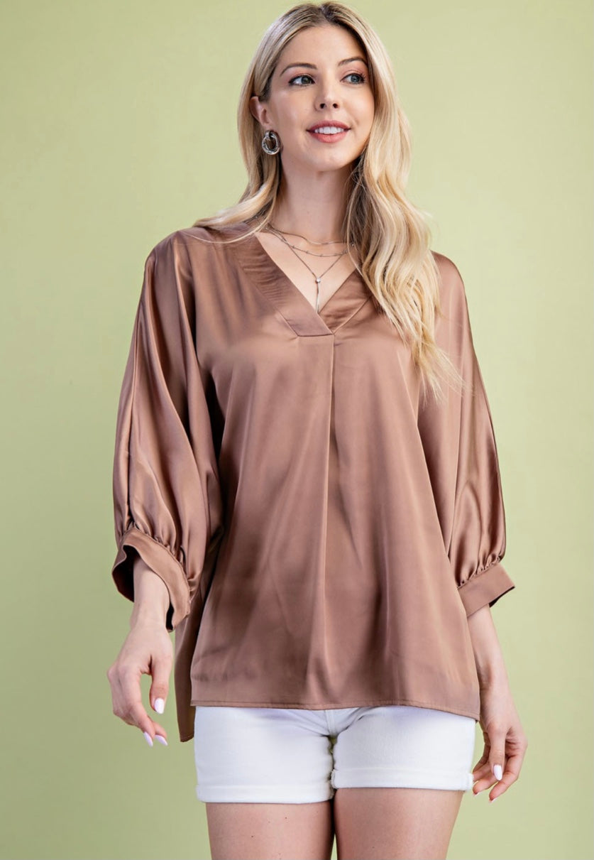 Blouse - Satin V-Neck Loose Fit Blouse•95% Polyester, 5% Spandex