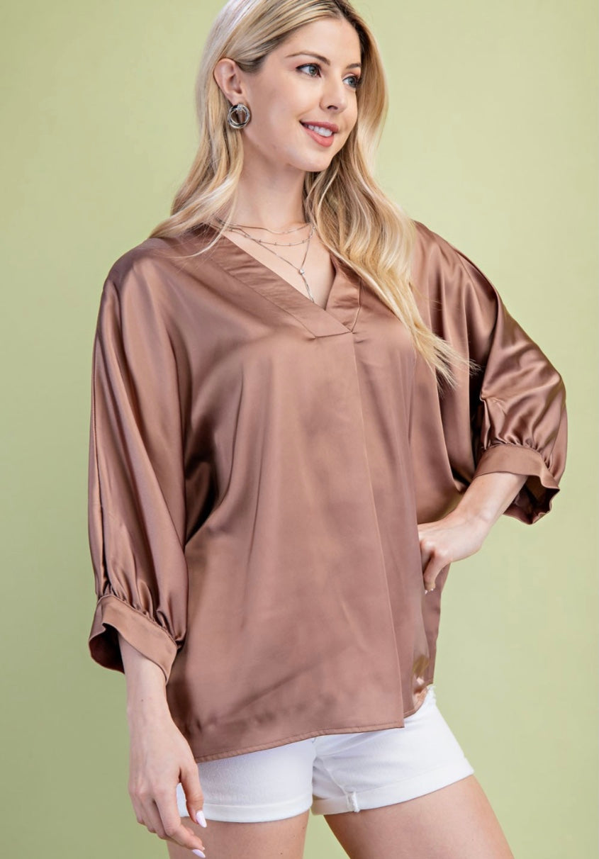 Blouse - Satin V-Neck Loose Fit Blouse•95% Polyester, 5% Spandex