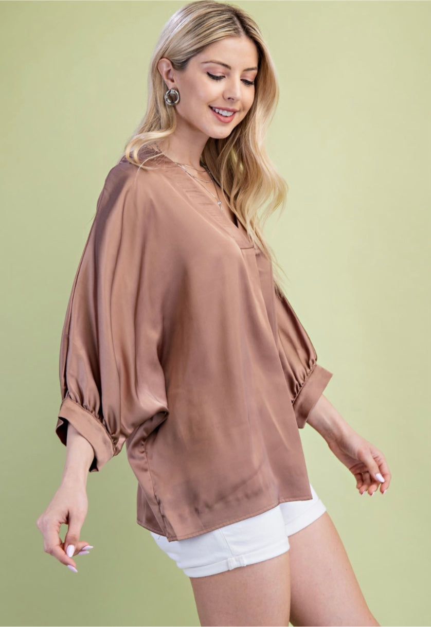 Blouse - Satin V-Neck Loose Fit Blouse•95% Polyester, 5% Spandex