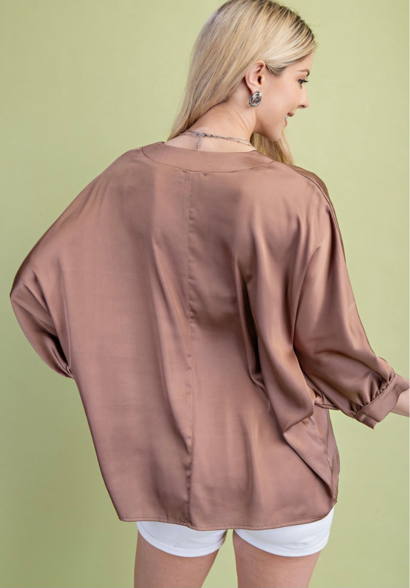 Blouse - Satin V-Neck Loose Fit Blouse•95% Polyester, 5% Spandex