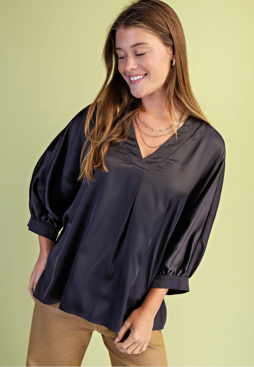 Blouse - Satin V-Neck Loose Fit Blouse•95% Polyester, 5% Spandex